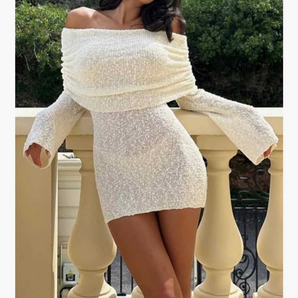 Elegant Off-Shoulder White Dress /swim cover - Picture 2 of 6